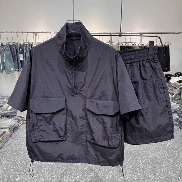 Summer Short Sleeve Set Shorts Pocket Cargo Men's Breathable Two-Piece Pullover Quick-Dry Lightweight Zipper Top_viptrois.com