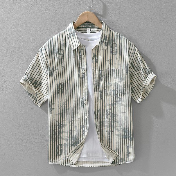 Striped Fresh Short Sleeved Shirt For Men, Fashionable And Versatile, Artistic And Casual Loose Top_viptrois.com