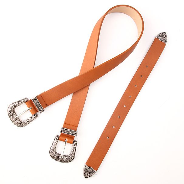 belt, personalized retro style double-headed carved buckle, fashionable and versatile clothing decorative belt_viptrois.com