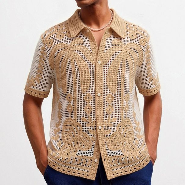 Cross Border Men's Clothing, Men's Coconut Jacquard Knit Shirt, Summer Casual Openwork Cardigan, Polo Shirt, Men's SY0237_viptrois.com