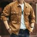 Men's Vintage Denim Jacket With Fleece Lining, Multi-Pocket Workwear Style, Heavyweight Washed Cotton For Winter_viptrois.com