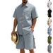Men's Silk Plain Weave Two Piece Set Short Sleeve Button Down Shirt Drawstring Shorts Summer Beach Vacation Style_viptrois.com
