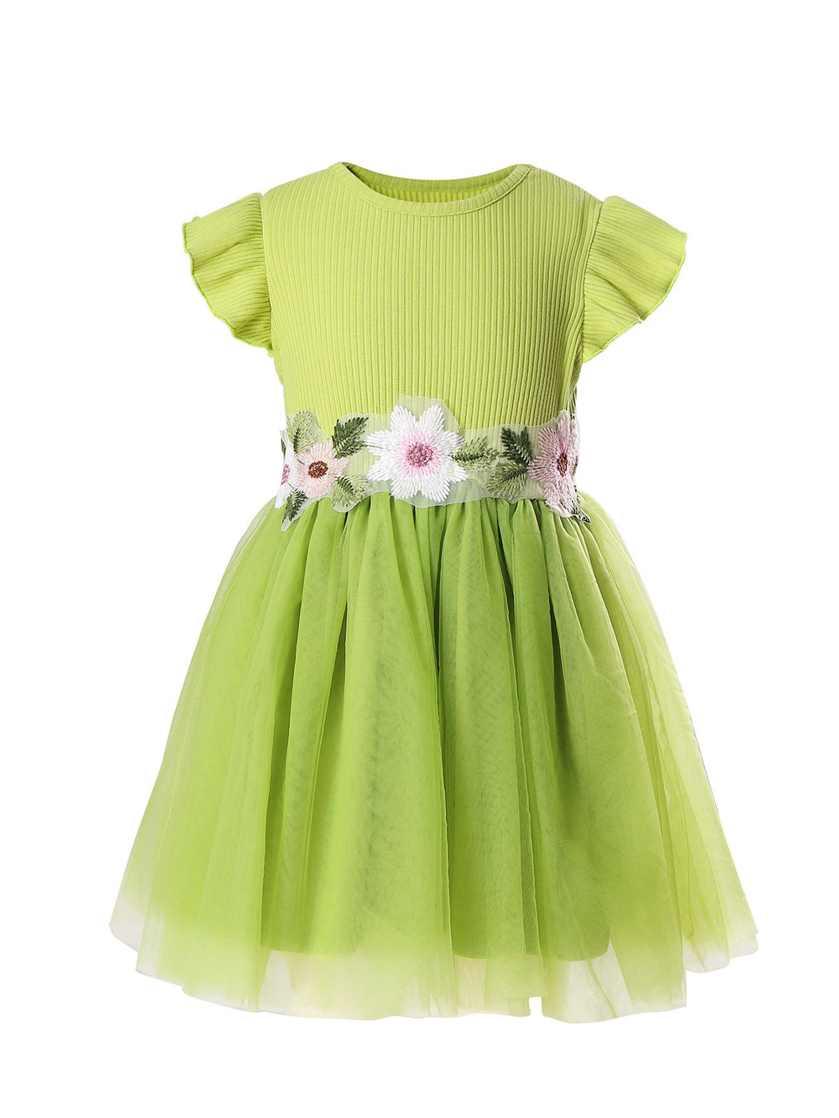 Kids’ Clothing Girls Princess Dress Summer New Style Girls Flying Sleeves Trough Waist A Row Of Flowers Mesh Dress_viptrois.com