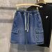 Trendy Men's Casual Workwear Denim Shorts, Summer Multi Mouth Bag, Elastic Waist, Work Wear Capris_viptrois.com