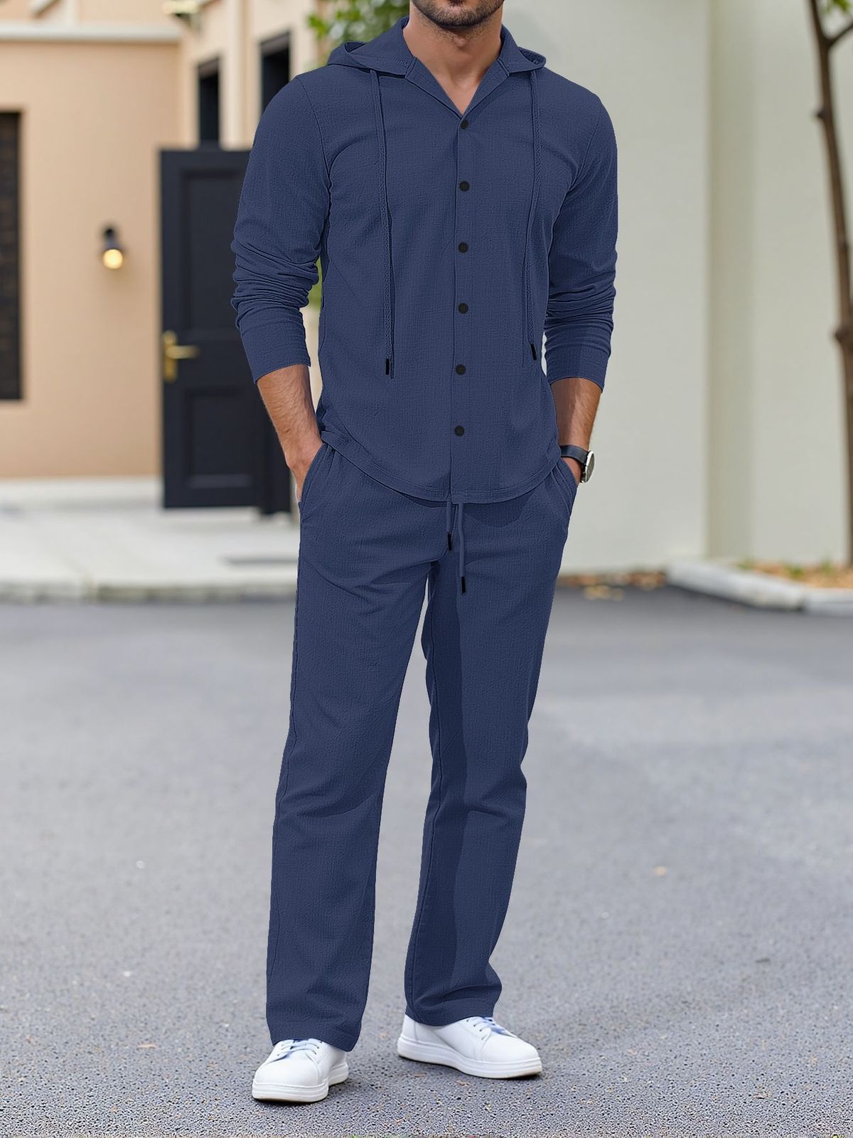 Men's Linen Hooded Shirt & Pants Set - Relaxed Fit Casual Outfit For Spring & Autumn (Beige/Gray, S-XXL) | Breathable Natural Fiber Lounge Wear_viptrois.com