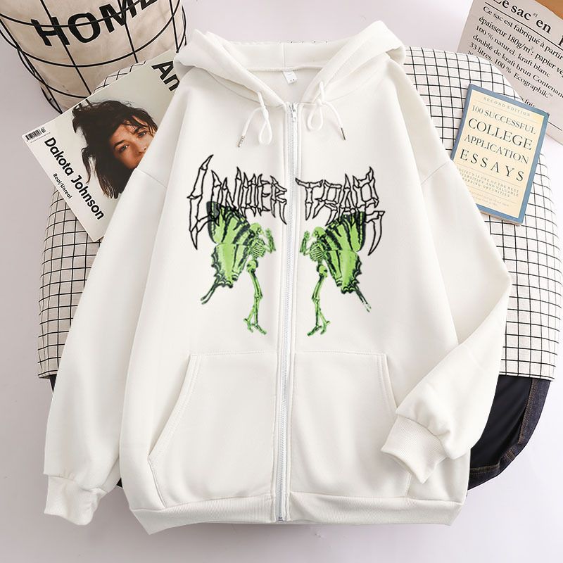 Skull Butterfly Street Hip Hop Gothic Harajuku Y2K Black Zipper Double Layer Hoodie Women's Jacket Sweatshirt_viptrois.com