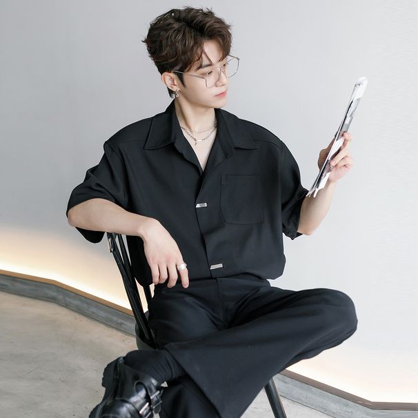 Men's Clothing Summer High End Light Mature Men's Handsome Casual Short Sleeved Boys Black Shirt Three Quarter Sleeve Top_viptrois.com