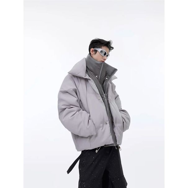 Winter PU Leather Patchwork Fake Two-Piece Jacket For Men, Glossy Double-Layer Niche Design Thick Loose Cotton Coat_viptrois.com
