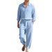Men's Linen Beach Suit Casual Loose Fit Long Sleeve Shirt & Trousers Set With Sun Protection_viptrois.com