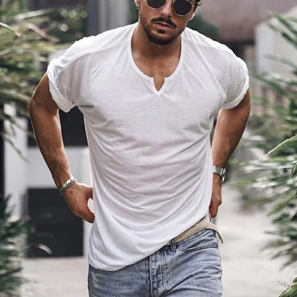 2025 Fashion Solid Color Men's Crew Neck Short Sleeve Top Spring New Casual Commuter Slim Fit Sports T-Shirt_viptrois.com
