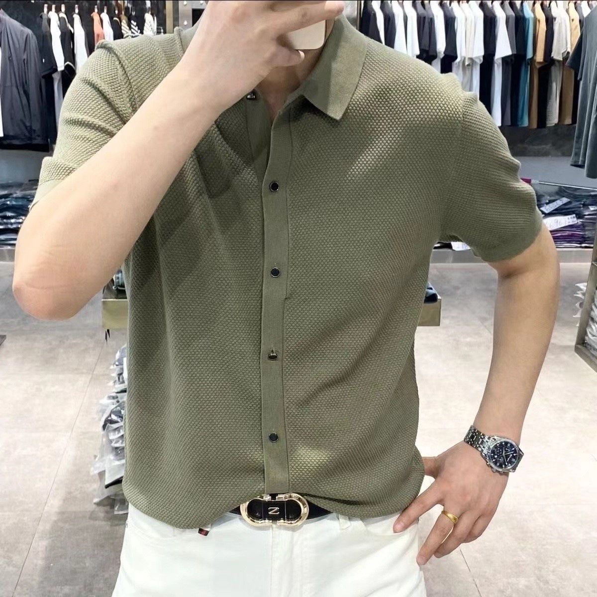 Men's Clothing Summer New Men's Fashion Casual Versatile Comfortable Solid Color Knitted Lapel Polo Shirt_viptrois.com
