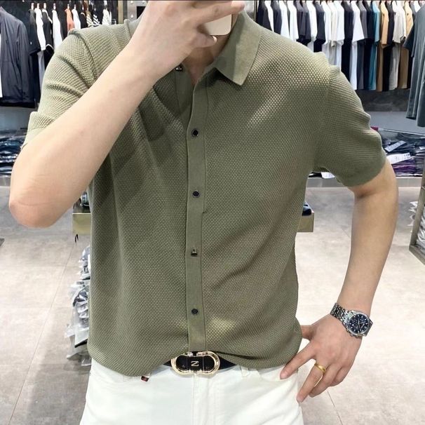 Men's Clothing Summer New Men's Fashion Casual Versatile Comfortable Solid Color Knitted Lapel Polo Shirt_viptrois.com