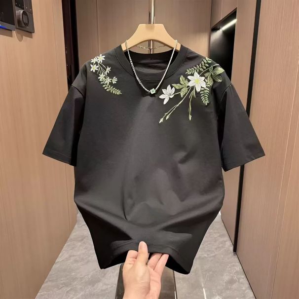Summer Floral Letter Embroidery Crew Neck T-Shirt For Men Short Sleeve Loose Fit Casual Versatile Couple Style Top_viptrois.com
