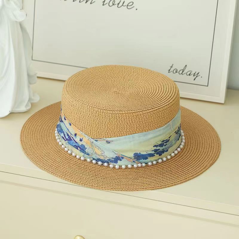 Women's Straw Hats Lady Style Flat Top Hat New Summer Elegant Pearl Straw Seaside Sun Protection Hat For Women_viptrois.com