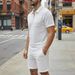 Men's Solid Jacquard Zip-Up Collar Short Sleeve Polo & Shorts Casual Set – Lightweight Summer Outfit With Chest Pocket_viptrois.com