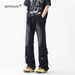 Men's Black Flared Cargo Jeans, Straight Leg, Loose Fit, American High Street Style, Vibe Brand, Trendy And Cool Patchwork Design._viptrois.com