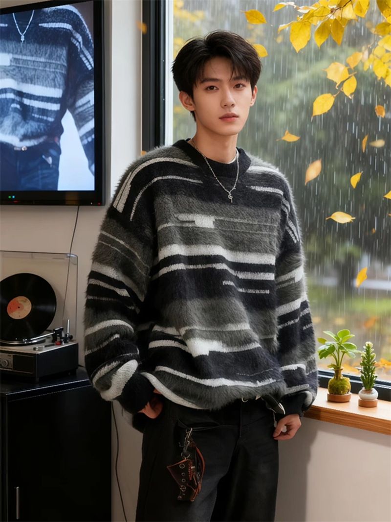 Retro Mohair Round Neck Sweater, Contrasting Striped Knit Sweater, Couple Jacket_viptrois.com