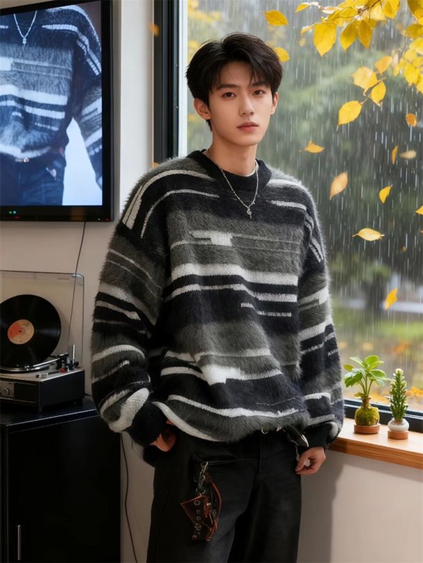 Retro Mohair Round Neck Sweater, Contrasting Striped Knit Sweater, Couple Jacket_viptrois.com
