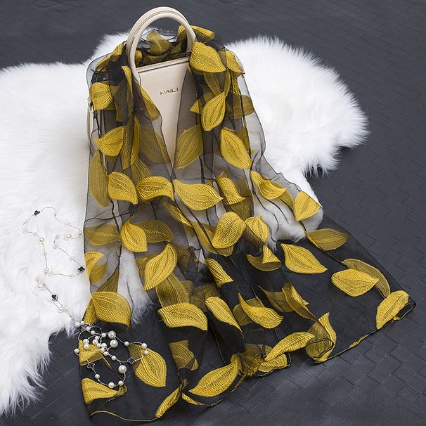 2024 Spring Summer Korean Version Organza Cut Flower Women Cotton Linen Lace Splicing Leaf Pattern Silk Scarf Shawl_viptrois.com