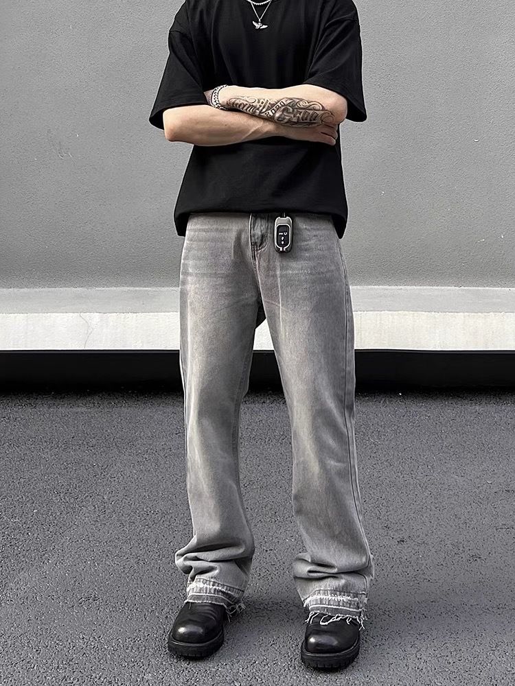 Men's Clothing High Street Washed Gray Straight Tube Slightly Flared Cleanfit Pants Trendy_viptrois.com
