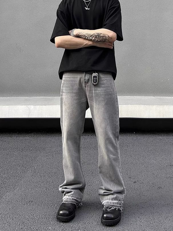 Men's Clothing High Street Washed Gray Straight Tube Slightly Flared Cleanfit Pants Trendy_viptrois.com