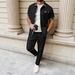 Men's Casual Suit Short Sleeved Pocket Cardigan Shirt And Trousers Waffle Plaid Color Blocked_viptrois.com