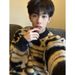 Pure Ginger Yellow Color-Block Striped Sweater For Men, Design Sense, Lazy Style, Seahorse Wool Inner Layer, Knitted Base_viptrois.com