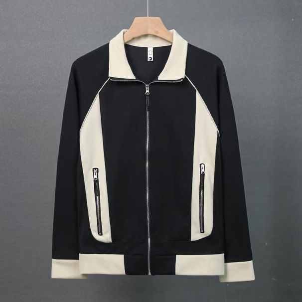 "Men's Japanese-Inspired Contrast Panel Jacket – Lightweight Polyester With Zippered Pockets (Black/Apricot, M-3XL)"_viptrois.com