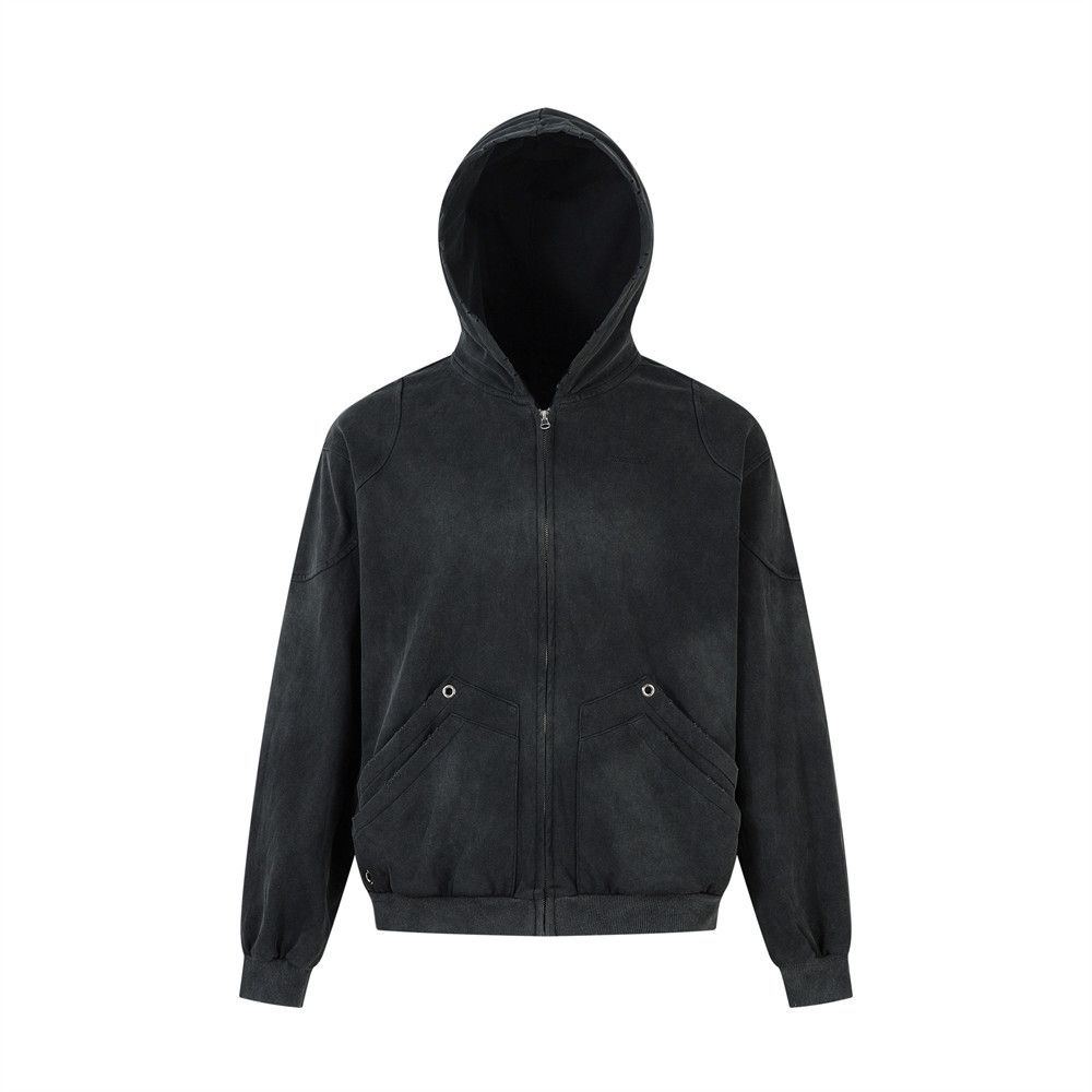 Punk Wasteland Vintage Hooded Cardigan Sweatshirt For Men Spring And Autumn Casual Loose Handmade Frayed Edge Destroyed_viptrois.com