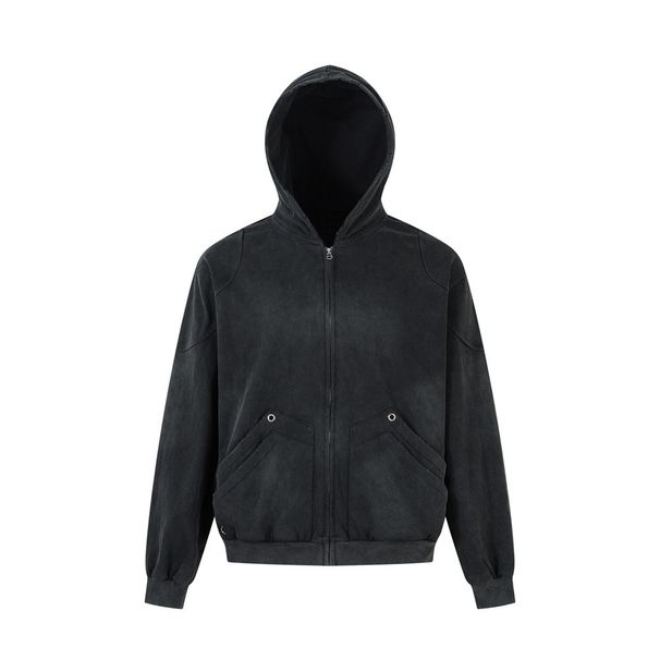 Punk Wasteland Vintage Hooded Cardigan Sweatshirt For Men Spring And Autumn Casual Loose Handmade Frayed Edge Destroyed_viptrois.com