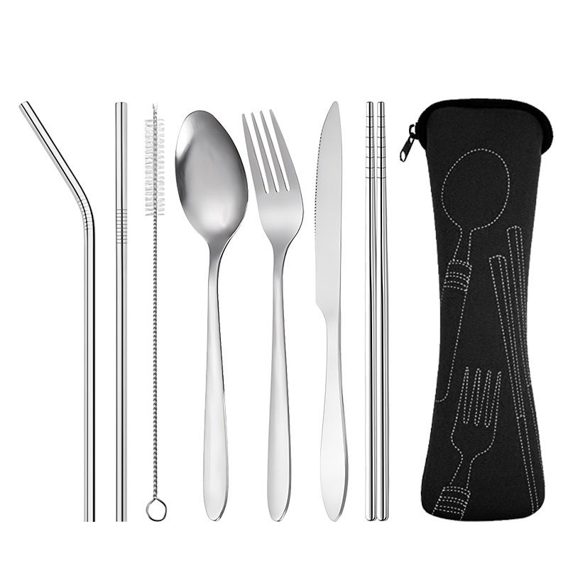 Outdoor Tableware Stainless Steel Portable Tableware Knife, Fork, Spoon, Chopsticks And Straws Seven-piece Set Tableware Storage Bag Gift Set_viptrois.com