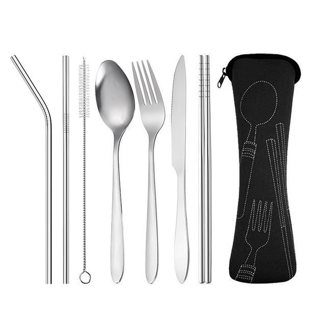 Outdoor Tableware Stainless Steel Portable Tableware Knife, Fork, Spoon, Chopsticks And Straws Seven-piece Set Tableware Storage Bag Gift Set_viptrois.com