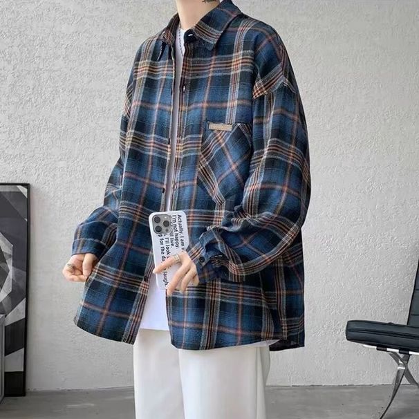 Checkered casual versatile long sleeved shirt for spring and autumn new fashion trend, simple retro loose couple shirt_viptrois.com