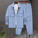 Plus Size Men's 3-Piece Casual Suit Set | Plaid Pattern Shirt & Trousers | Stretch Polyester | Light Blue/Black/Khaki_viptrois.com