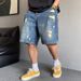 Retro American plus Size Men's Denim Shorts Casual Distressed Straight Leg Loose Fit Five Point Pants up to 300 Lbs_viptrois.com