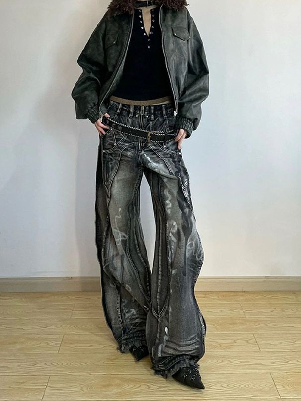 American Design Contrasting Color Patchwork Jeans For Men New High Street Vibe Cool Straight Leg Pants_viptrois.com