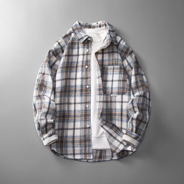 Retro Contrasting Plaid Shirt For Men, Loose Collared Casual Shirt, Trendy Long Sleeved For Teenagers_viptrois.com