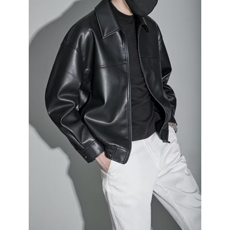 Men's Stylish PU Leather Jacket With Lapel Collar, Loose Fit Casual Coat For Autumn Winter, Trendy Biker Jacket For Teens & Adults_viptrois.com