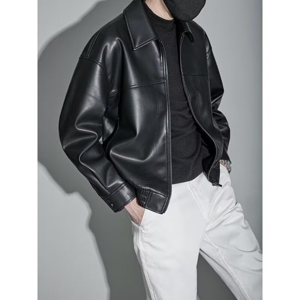 Men's Stylish PU Leather Jacket With Lapel Collar, Loose Fit Casual Coat For Autumn Winter, Trendy Biker Jacket For Teens & Adults_viptrois.com