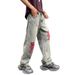 Men's Distressed Patchwork Baggy Jeans - Relaxed Fit Wide Leg Denim Pants With Contrast Applique_viptrois.com