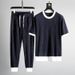 Men's Clothing Summer Thin Ice Silk Sports Men's Color Matching Pleated Large Size T-shirt Nine-point Pants Casual Two-piece Set_viptrois.com