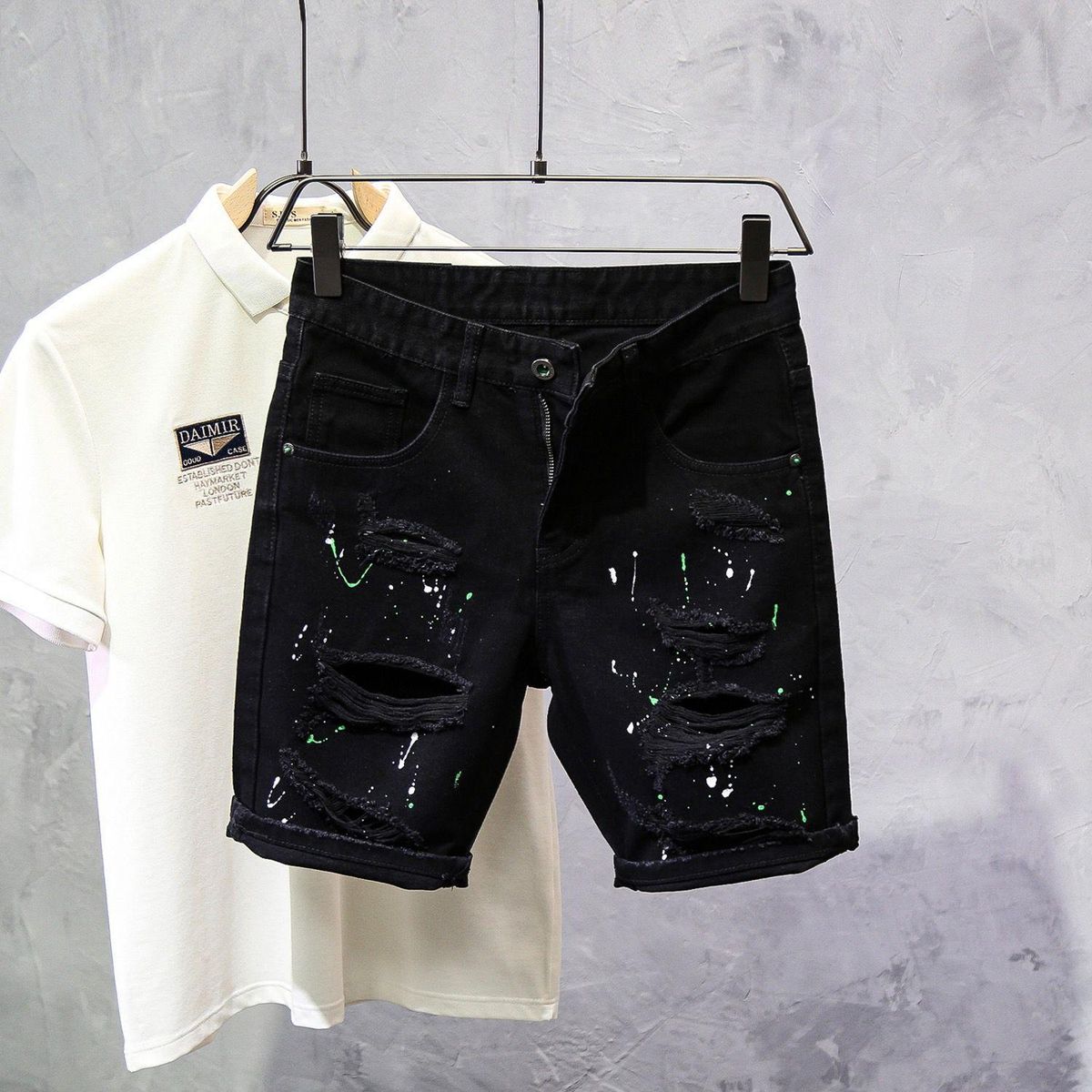 Men's Clothing Summer Thin Style Cat Whisker Ripped Personality Ink Splash Slim Fit Skinny Feet Cool Shorts_viptrois.com