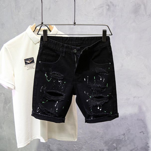 Men's Clothing Summer Thin Style Cat Whisker Ripped Personality Ink Splash Slim Fit Skinny Feet Cool Shorts_viptrois.com