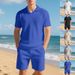 Men's Clothing Loose Summer Burke Collar Waffle Polo Shirt Casual Short Sleeved Shorts Suit_viptrois.com