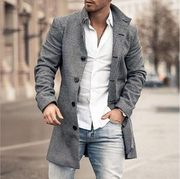 Men’s Printed Wool-Blend Coat – Longline Trench Jacket With Notch Lapel & Multi-Pocket Design (M-4XL)_viptrois.com