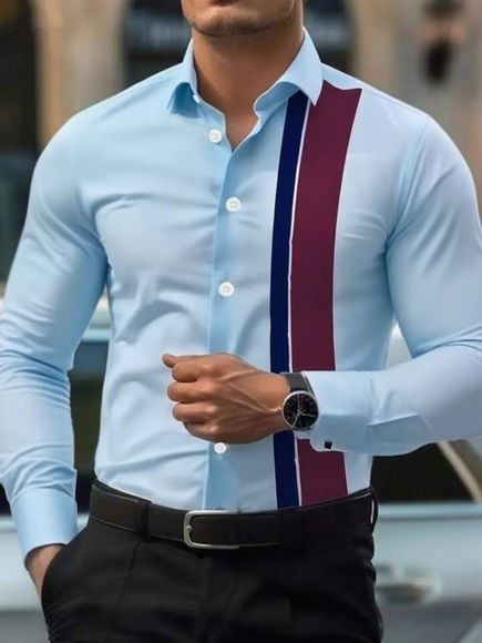 Men's Contrast Trim Dress Shirt – Stretch Polyester Business Casual Long Sleeve With All-Over Print (Black/Blue/Red Stripe Options)_viptrois.com