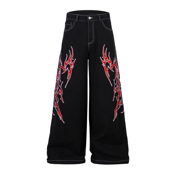 Design Sense Thorn Embroidery Pattern Wide-Leg Denim Men's Niche Hip-Hop Trend Large Flare Loose Floor-Length Pants_viptrois.com