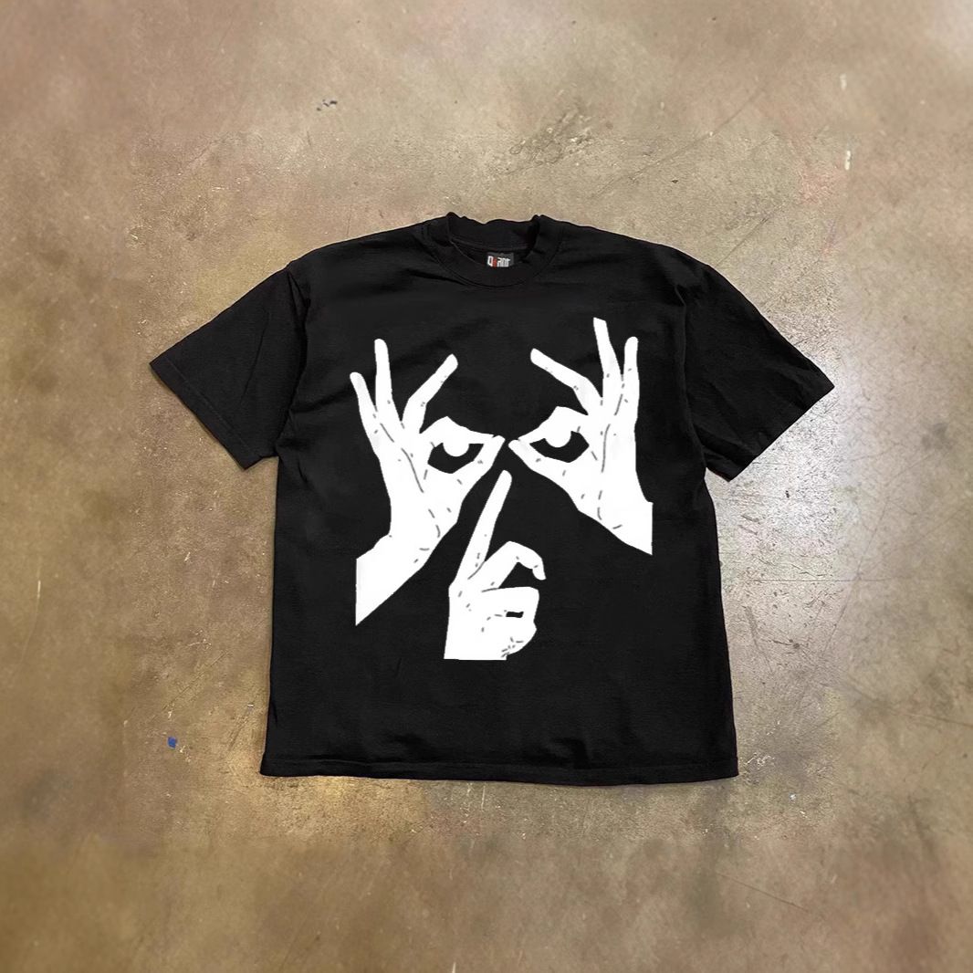 Vintage Heavyweight Cotton T-Shirt Oversized Fit Fingerprint Graphic Tee Summer Casual Streetwear for Men And Women_viptrois.com