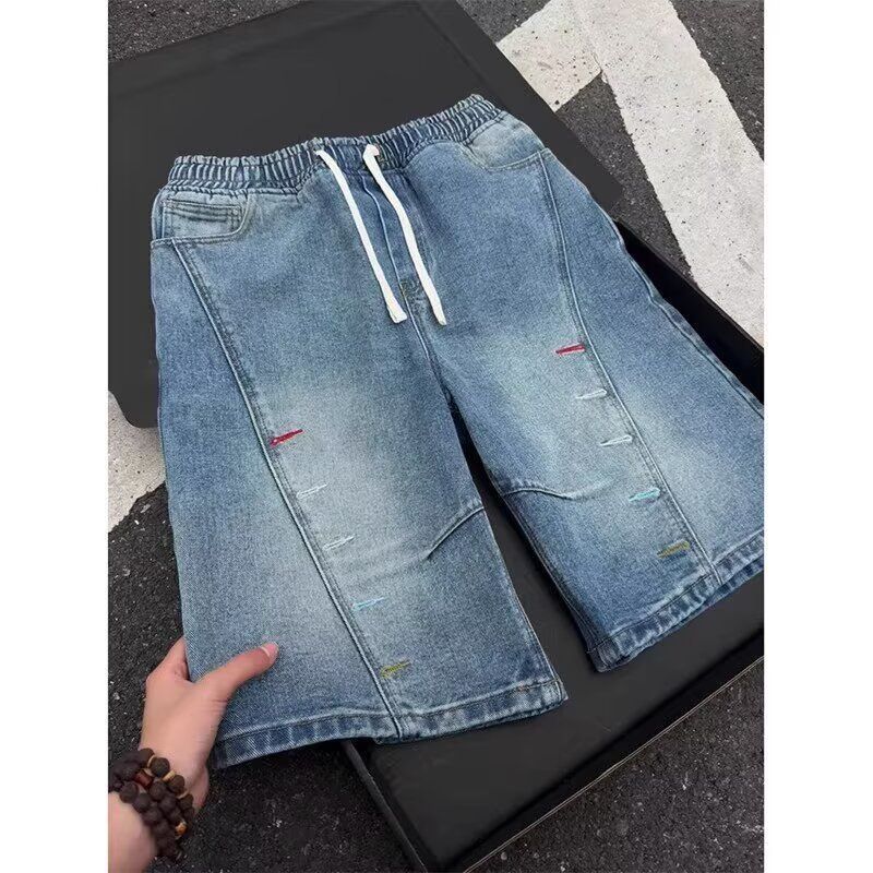 Men's High Street Style Denim Shorts Vibe Retro Straight Leg Loose Fit Wide Leg Style Casual Five Point Pants_viptrois.com