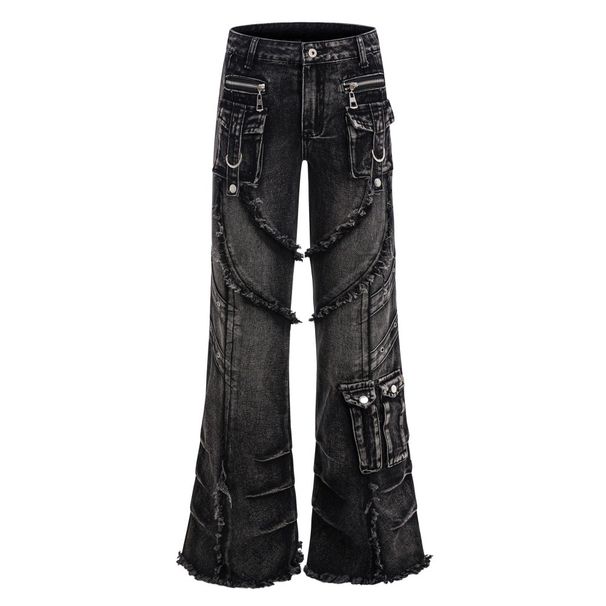 Punk Heavy Washed Vintage Denim Flared Vibe Style Niche Deconstructed Patchwork Frayed Design Long Pants For Men_viptrois.com